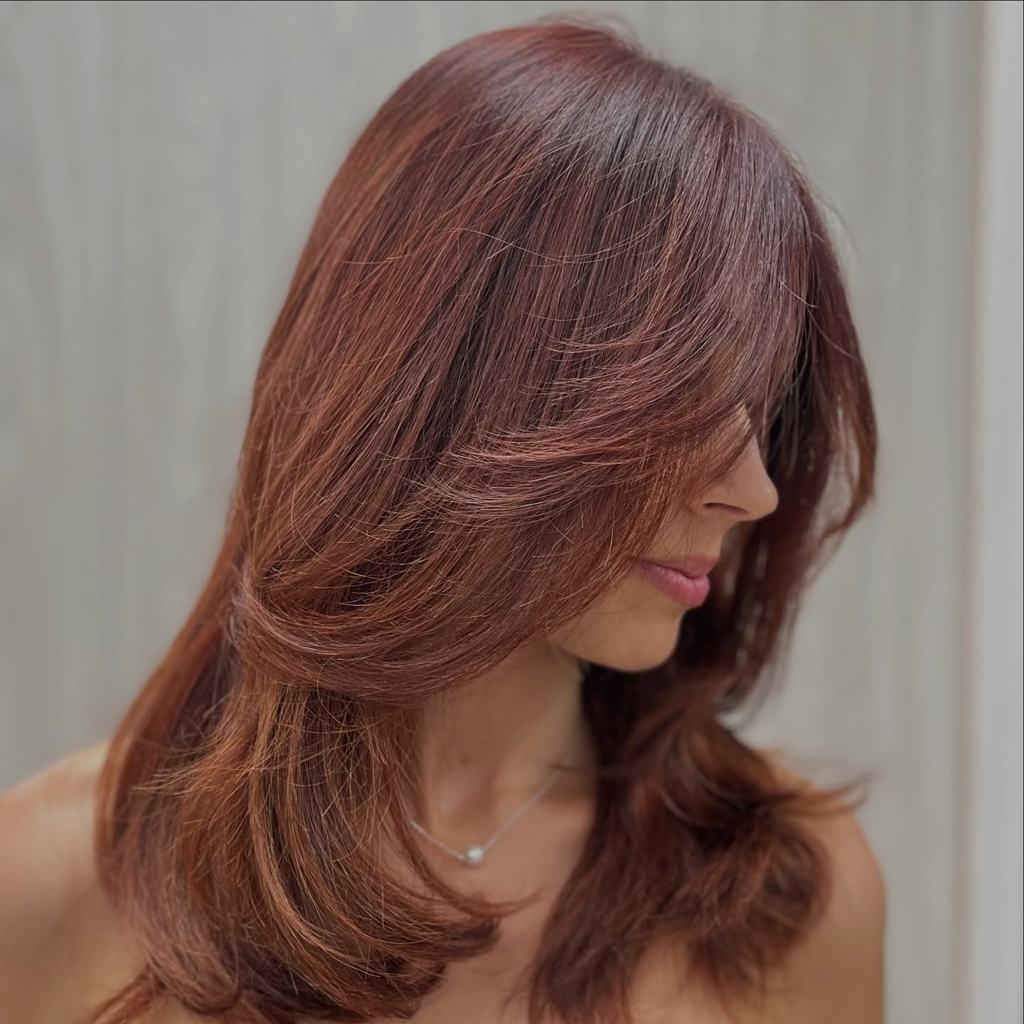 AleJr Salon hair color transformation — jet black to stunning red